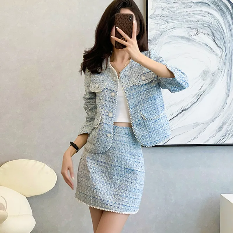 

Runway Women's Clothes Elegant Blue Small Fragrance Pearl Coat Jackets Top + High-Grade Woolen Skirts Suit Outfit Two Peices Set