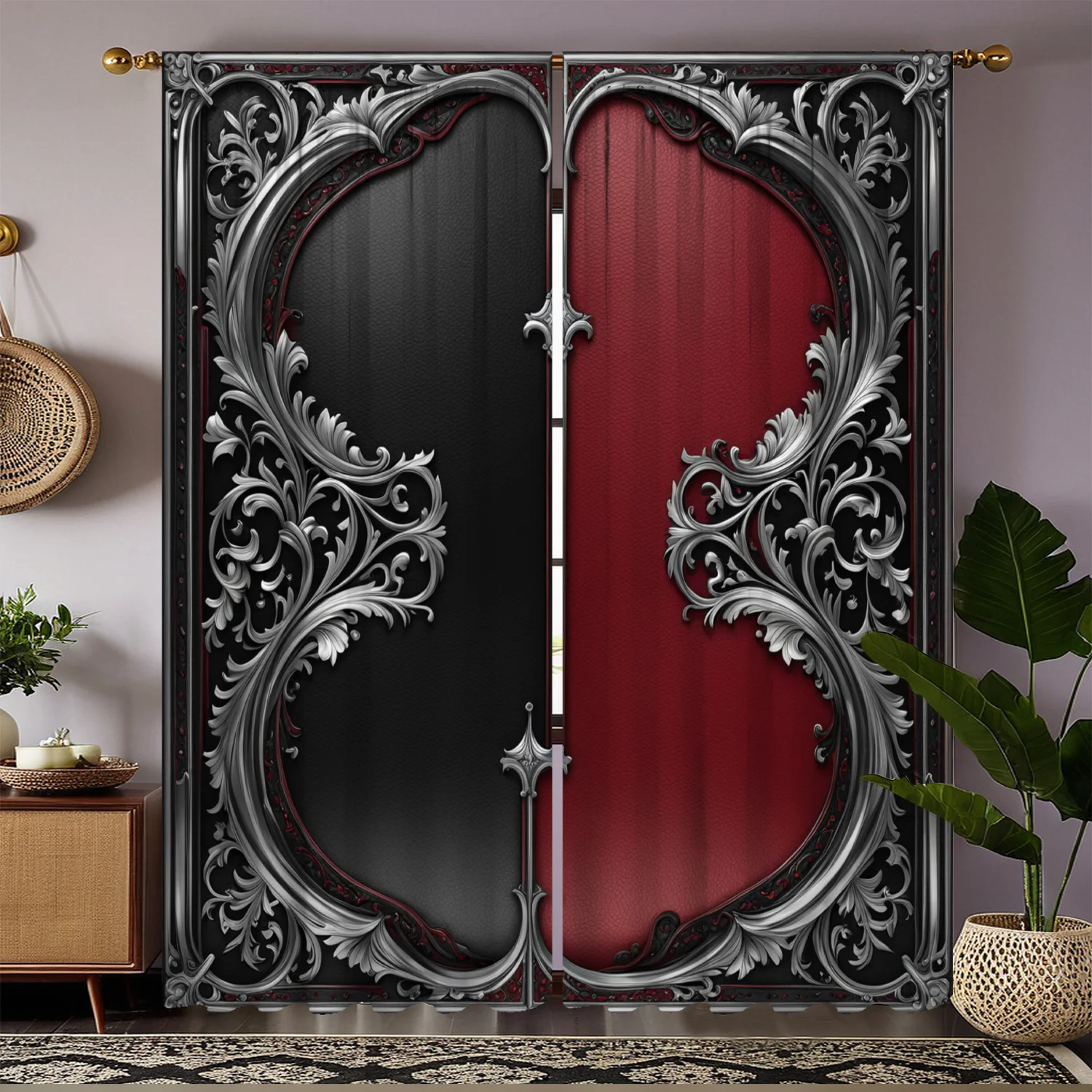 ผ้าม่านพิมพ์ดิจิตอล HD 2 ชิ้น – ดีไซน์สีดำและสีแดงคลาสสิกสำหรับห้องนั่งเล่น ห้องนอน และการตกแต่งห้องทำงาน 1