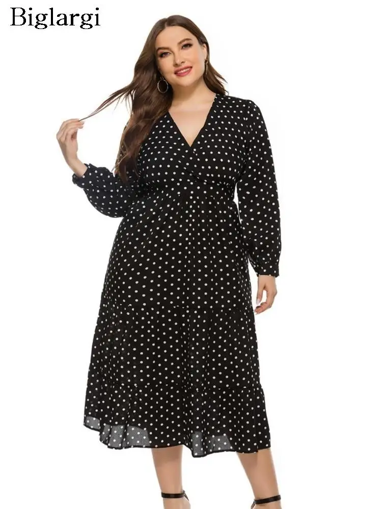 

Plus Size Autumn V-Neck Midi Dress Women Polka Dot Print Loose Modis Ruffle Pleated Ladies Dresses Long Sleeve Woman Dress 2023