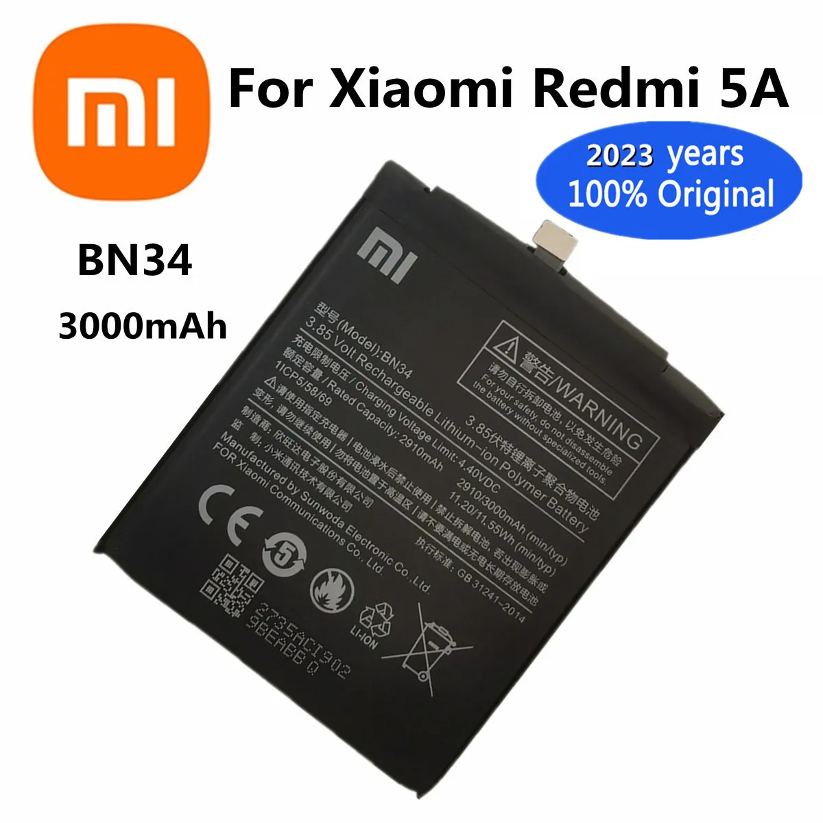 

2023 год, новинка, 100% оригинальный аккумулятор для XIAOMI Redmi 5A BN34 2910 мАч, высококачественный Сменный аккумулятор для телефона, батареи, батарея