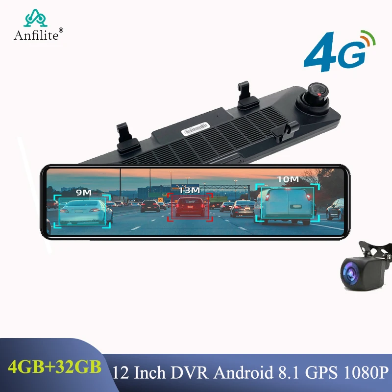 12 Inch Android DVR GPS Navigation 4G Dash Camera Car Rear View Mirror Camera 1080P Video Recorder Dual Len black box 24h park