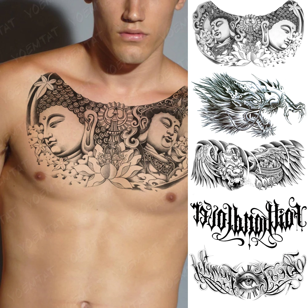 

Large Chest Tattoo For Men Buddhist Buddha Lotus Waterproof Temporary Tatoo Sticker Clavicle Waist Art Designs Women Fake Tattoo