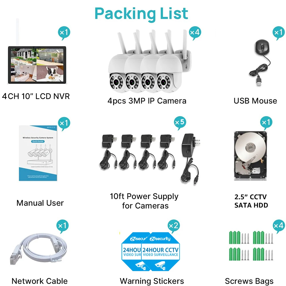 4채널 보안 카메라 시스템 실외 무선, 4개 와이파이 PTZ 카메라 자동 추적, 8채널 감시 DVR NVR 키트 10인치 모니터 포함