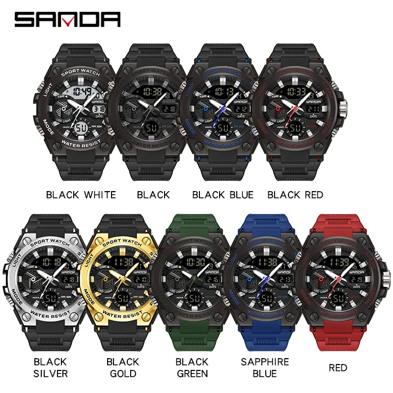 メンズウェア Black Watch Collared Snead SAMDA New Sport Watches For Men 50M Waterproof LED Clock Alarm