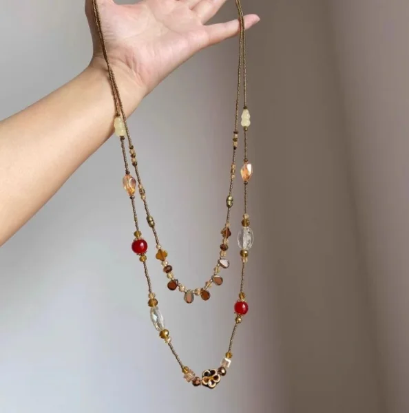 Collier bohème Vintage en pierre naturelle irrégulière pour femmes, perles de cristal faites à la main, Double couche, longue chaîne de pull, bijoux cadeau