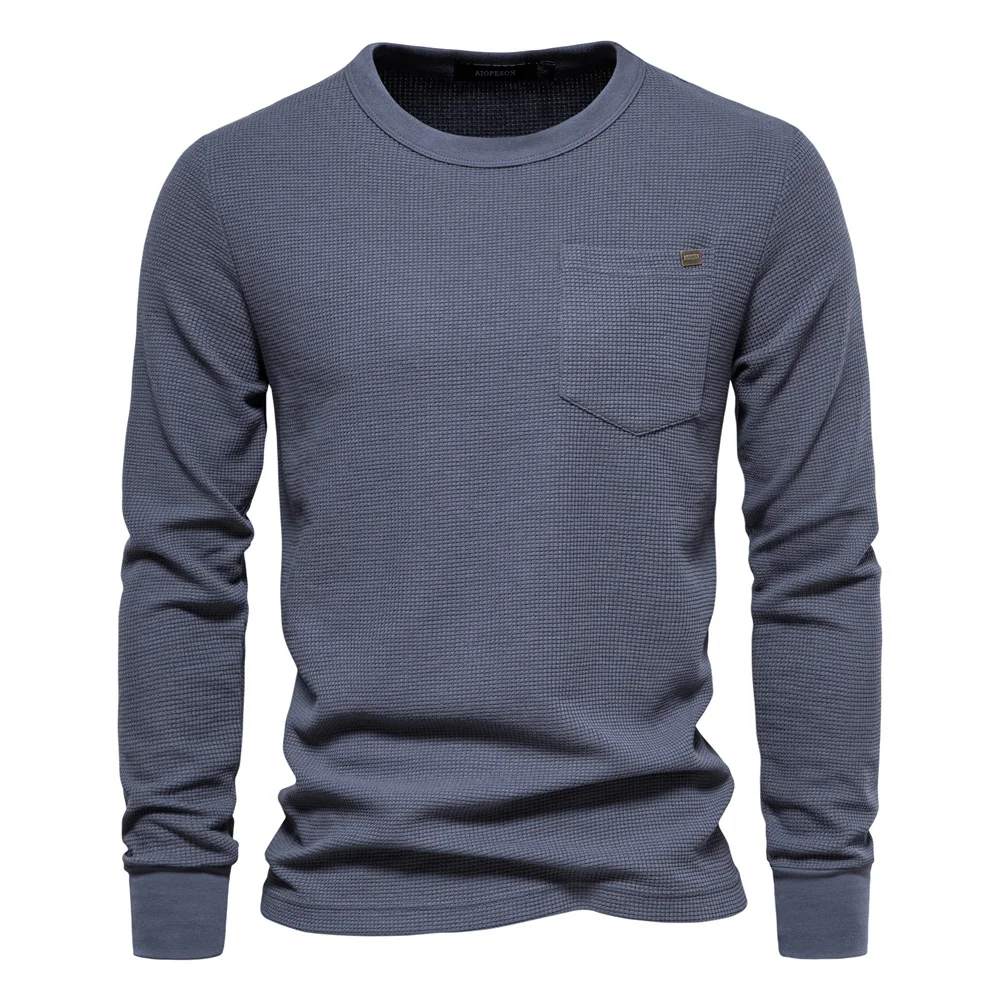 Men's Waffle Knit Long Sleeve Cotton T-Shirt - Solid Color with Single Pocket