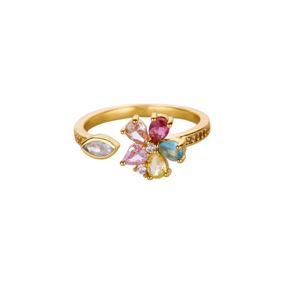 Zircon Flower Rings Women Gold Color Stainless Steel Adjustable Wedding