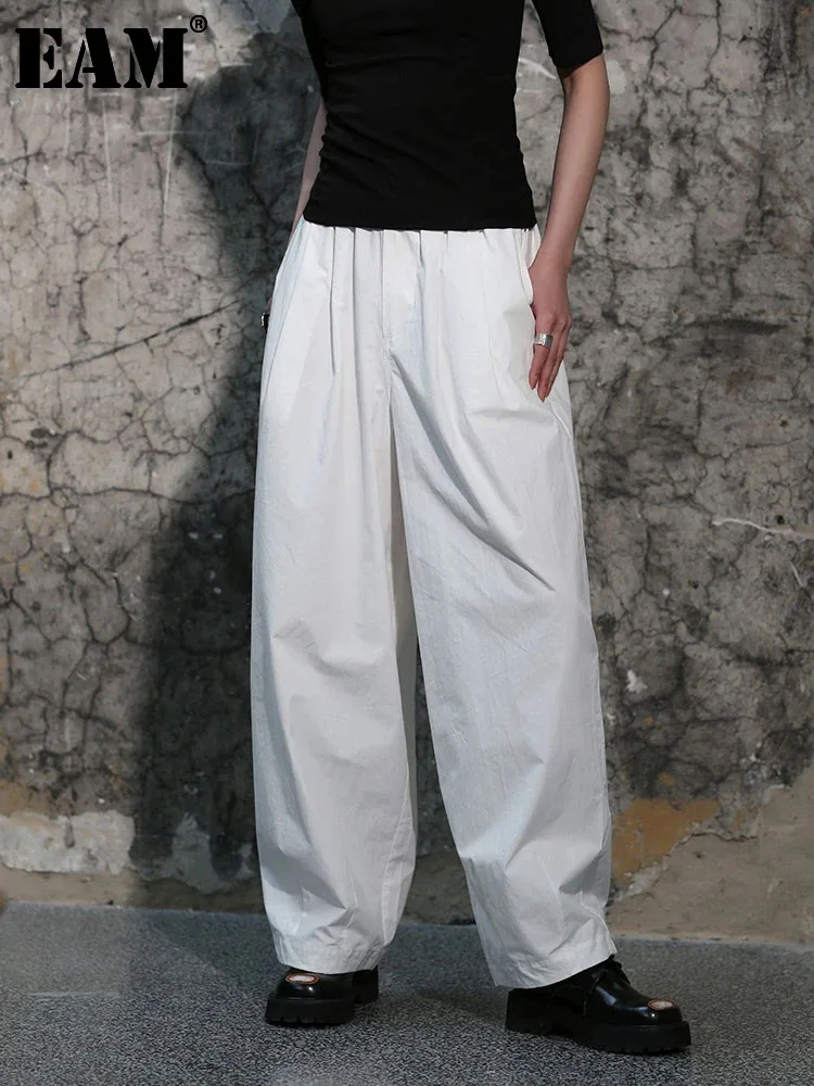 

[EAM] High Elastic Waist White Brief Wide Leg Long Pants New Loose Fit Trousers Women Fashion Tide Spring Autumn 2024 1DF7972