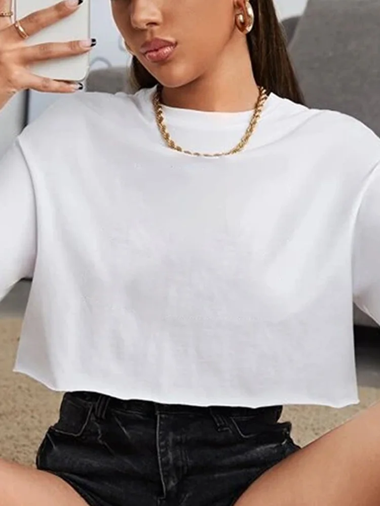 Harajuku Shirt Funny Y2K Women Crop Tops Casual Black Femme Navel T-shirt Round Neck Short Loose Tee Shirt Summer Streetwear 3