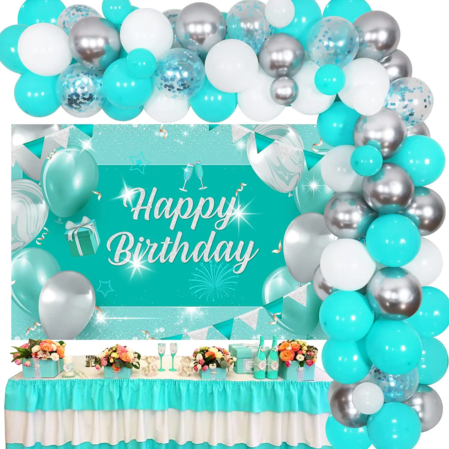 

Teal Blue Birthday Decorations for Women Turquoise Silver Birthday Backdrop Balloons Garland Kit Teal Blue Theme Party Supplies