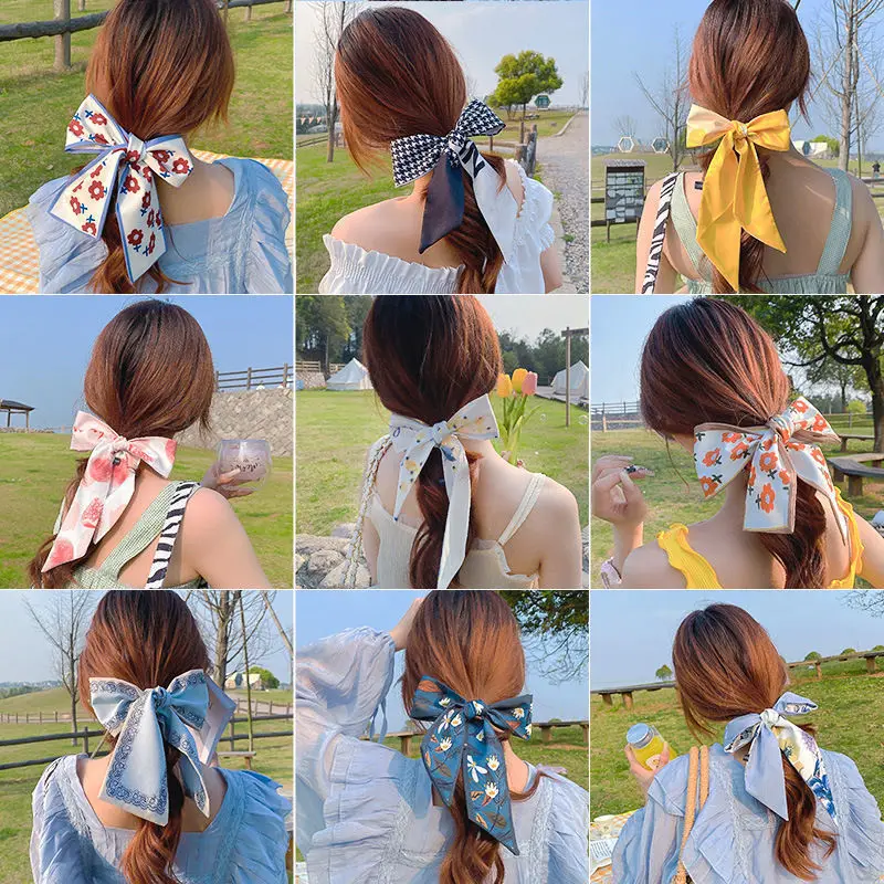Women Girls Bow Pearl Hair Rope Ribbon Hair Tie Silk Scarf French