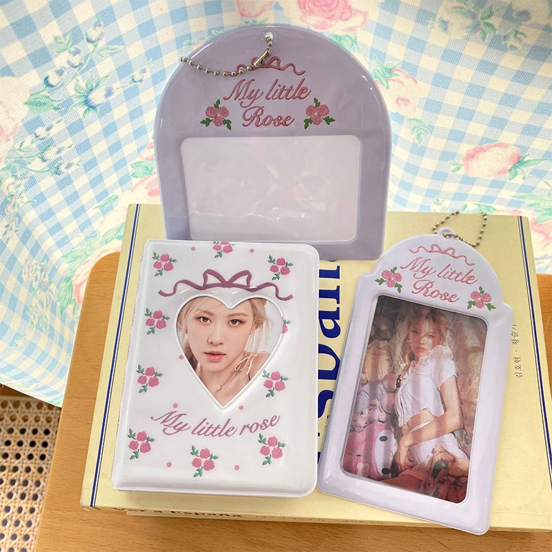 

3 Inch Fresh White Rose Bow Printing INS Idol Photo Sleeve Card Holder Keychain Photo Pocket Photo Album