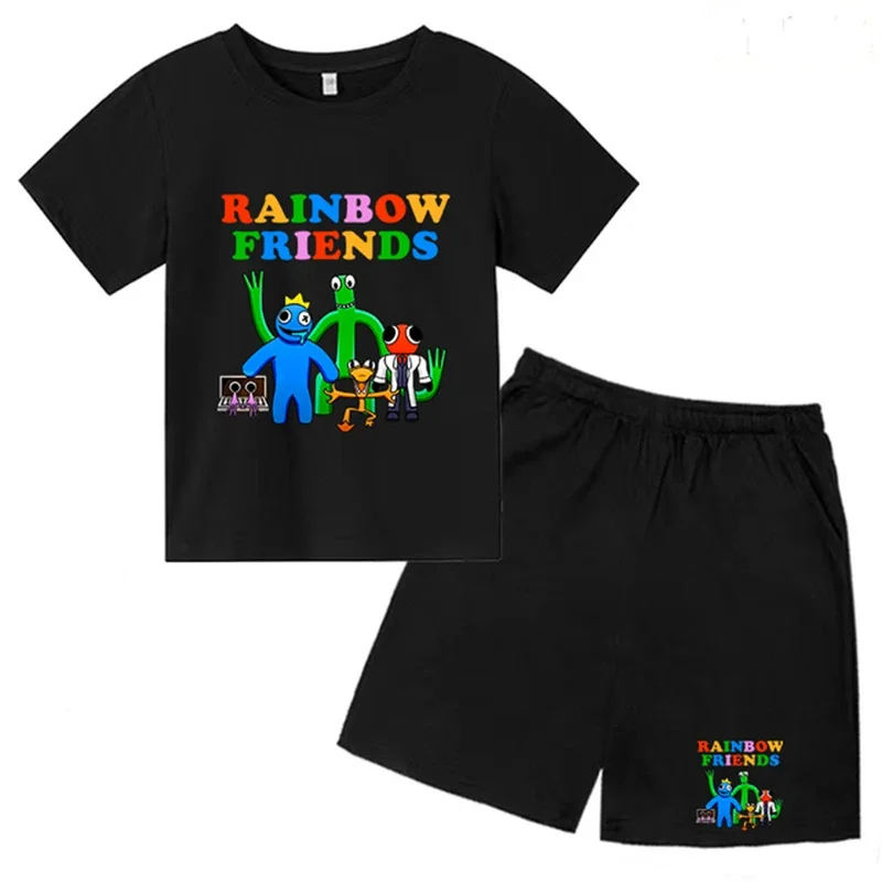 

Summer Age 3-12 Boys Girl Leisure Short Sleeve Round Neck T-shirt +shorts Set Cotton Children's Print Rainbow Friend Clothing