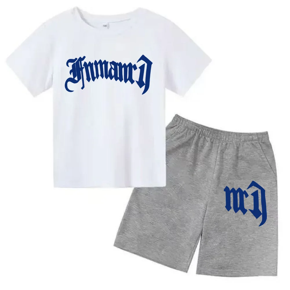 thumbnail image 1 of Ropa para niños con estampado de marca gótica, conjunto de camiseta y pantalones cortos de verano para adolescentes, 2 piezas, manga corta, moda informal para niños y niñas, 1 of 5