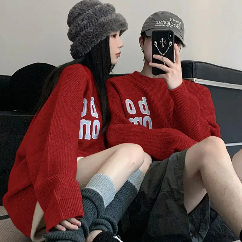 Autumn and Winter Couple Christmas Sweater 2023 New Year Pullover Thick O-neck Loose Casual Red Sweater for Men and Women