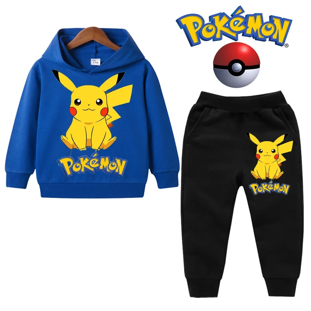 

Pokemon Pikachu Hoodie Sets 2Pcs Long Sleeve Pikachu Tops+Pants 3-14Y Kids Baby Boy Clothes Child Cartoon Stree Wear Outfits