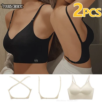 Women's Summer Sexy Backless Bra Seamless Deep U-shaped Plunge Underwear Triangle Cup Gathering Push Up Bra Sexy Lingerie Tops 1