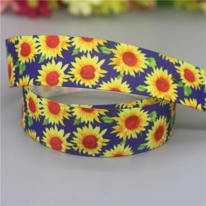 Flower Sunflower Printed Grosgrain Ribbon DHK 7/8'' 5yards Accessories Material Headwear Decoration DIY Sewing Craft C2057