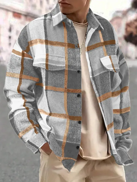 Chemise en flanelle à carreaux pour homme, chemise boutonnée à manches longues, style décontracté printemps-automne, veste à carreaux coupe ample pour 1