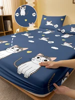 1 Cartoon Cute animal Cat Printed Matte Fitted Sheet, Bedroom Printed Bed Cover, Bedding (Excluding Pillowcases) 1