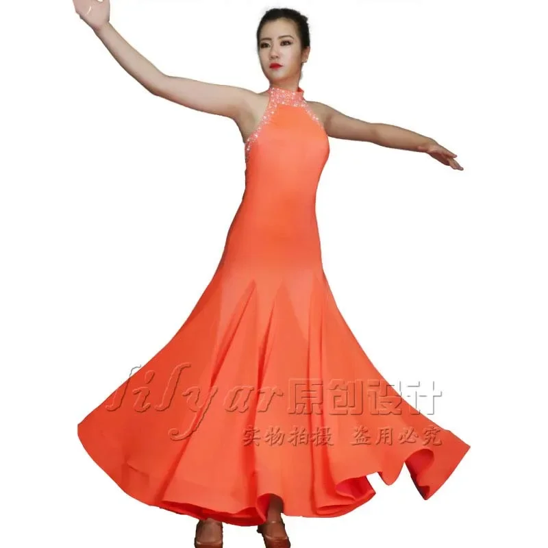 Adult children orange slim ballroom dance dress standard skirt competition dress costumes performing