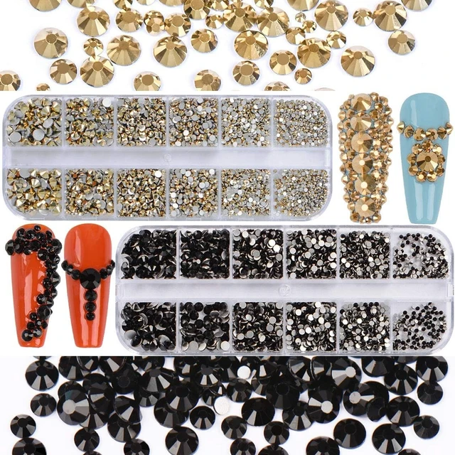 4000pcs/2 Box Glass Nail Rhinestones Kit Nail Gems Black/Gold Flat