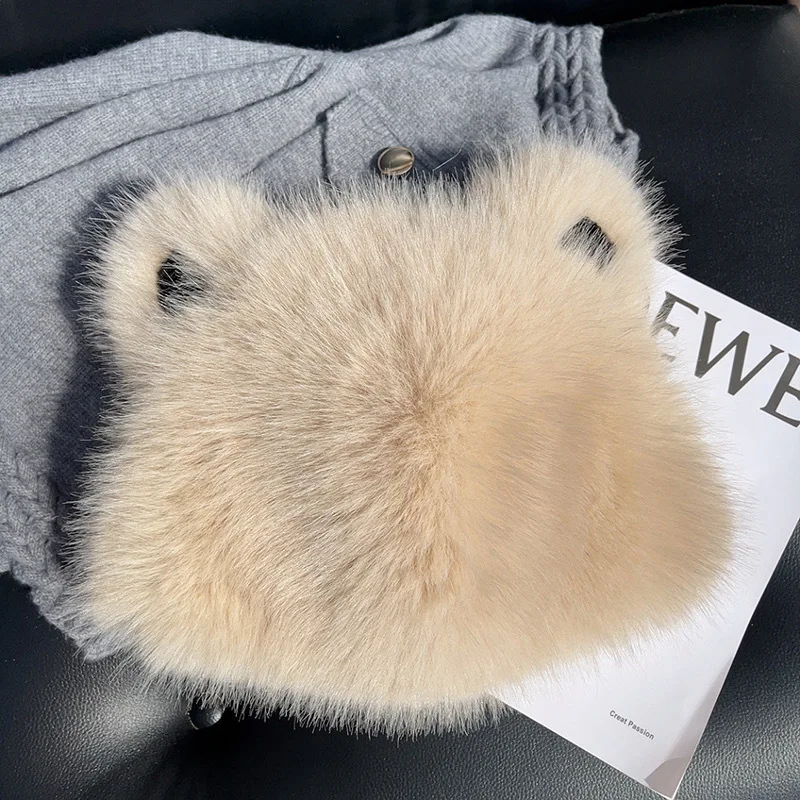 Women's Fashion Bear Ear Fur Cap Fur Hat Autumn and Winter Fur Hats Mongolian Hat Brimless Plush Fluffy Skiing Riding Warm Caps