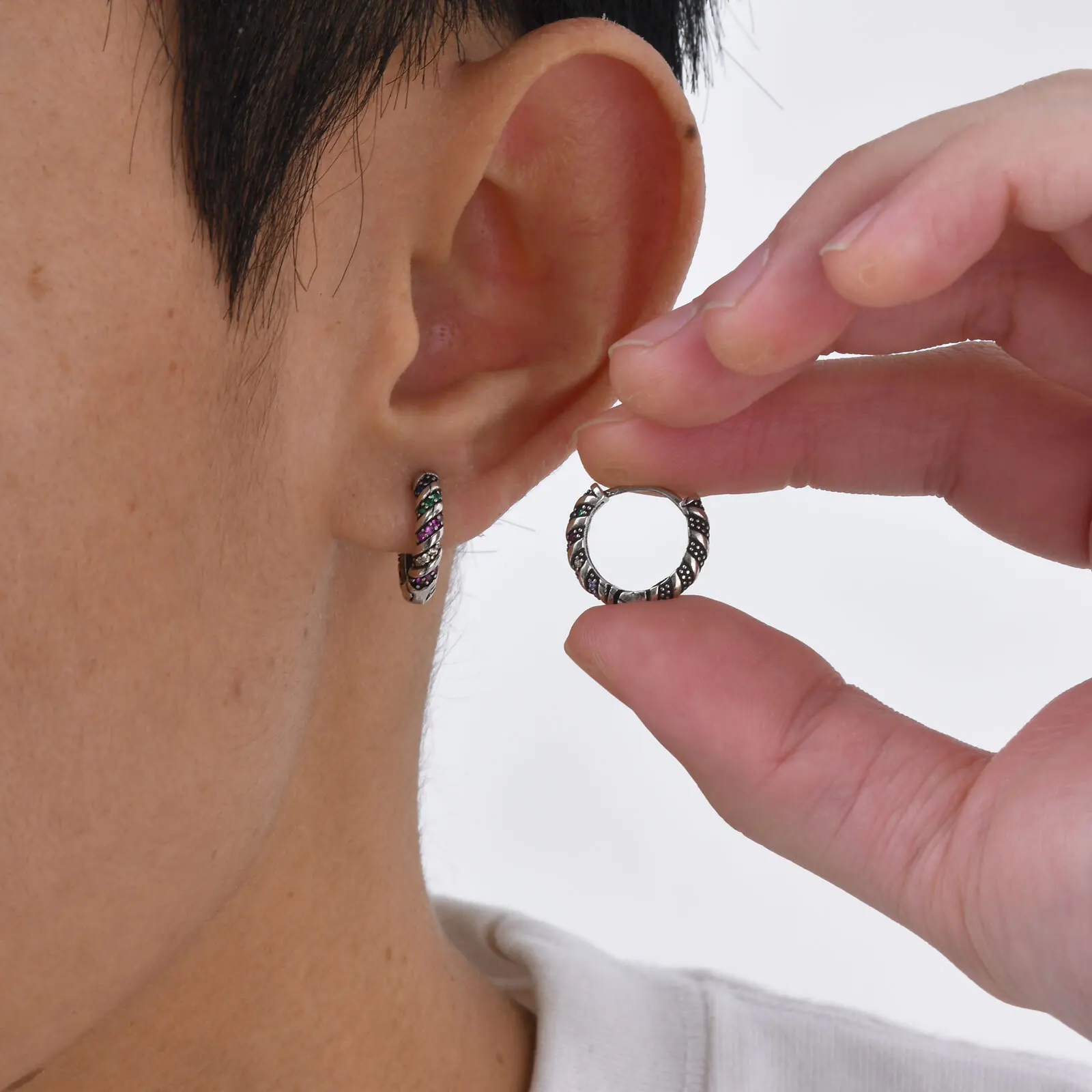 Colorful Zircon Hoop Earrings for Men Boys,Casual  Twist Metal Pierced Earrings,Punk Jewelry Gifts