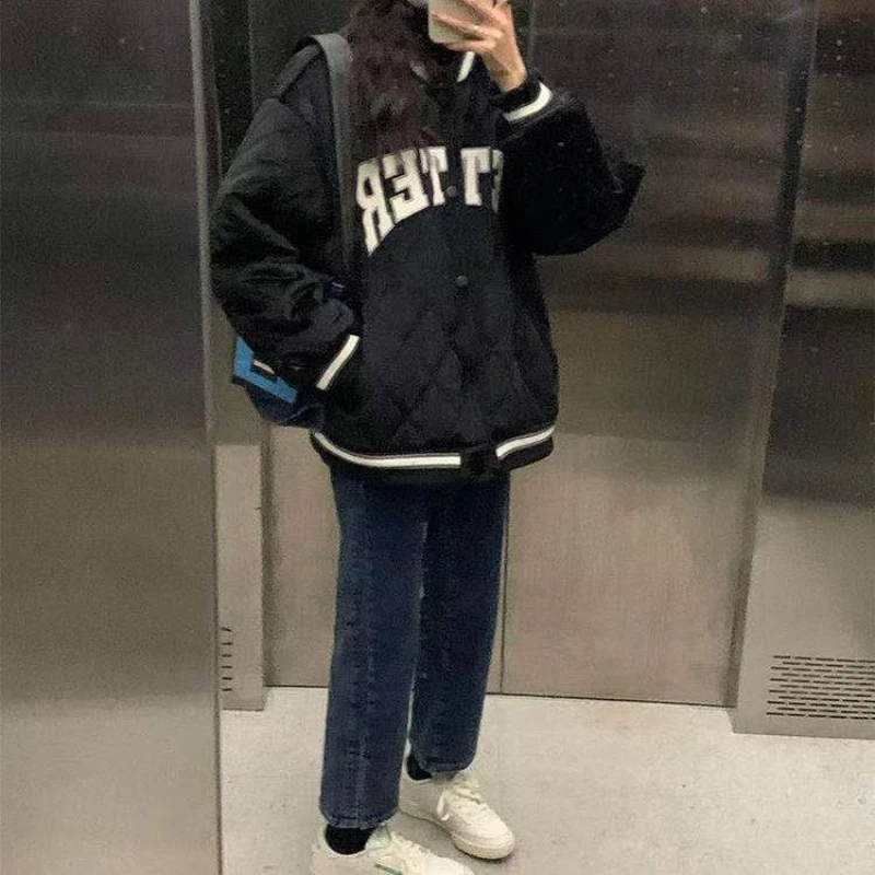 BEENLE Winter Jackets for Woman Korean Fashion Loose Letter Print Down Coats Vintage Baseball Uniform Cotton Quilted Cardigan