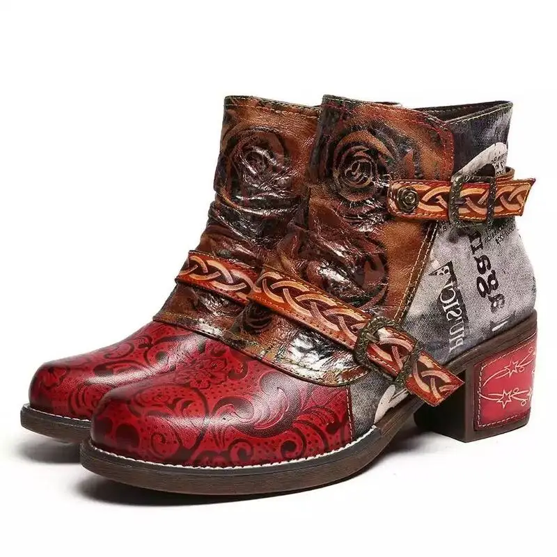 Women Ankle Boots Fashion Vintage Splicing Printed PU Leather Retro Block High Heels Zipper Big Size