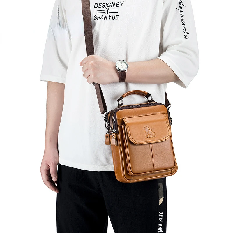 Men's Cowhide Shoulder Bag Fashion Single Shoulder Vertical Square First Layer Cowhide Bag Brown Black Casual Crossbody Bag