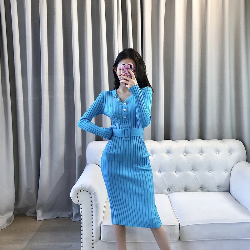 

Ladies Solid Party Knitted Dress American Style Single Breasted V Neck Skinny 2023 Winter Belted Sweater Knee Dress