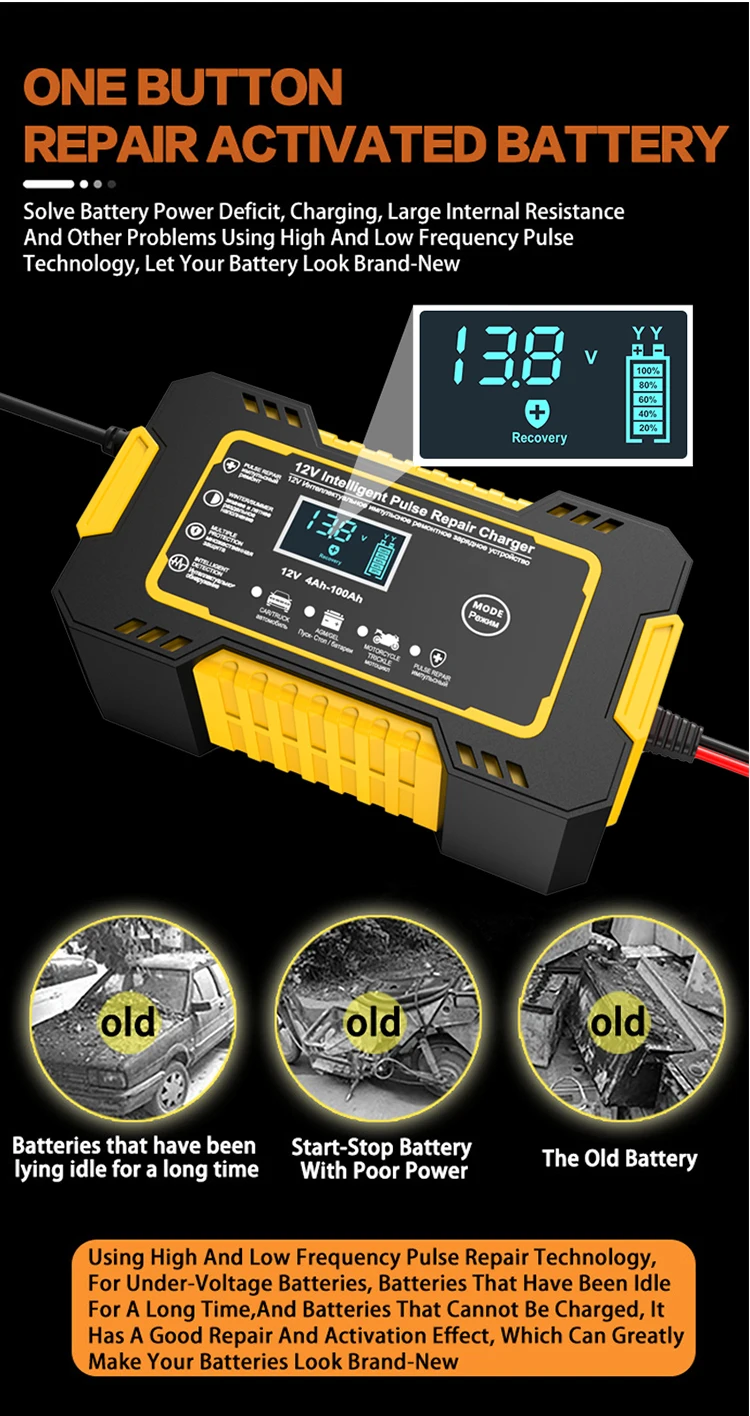 12v 6a voll automatisches Autobatterie ladegerät Power Puls Reparatur Ladegeräte nass trocken Blei Säure Batterie ladegeräte digitales LCD-Display – Detail 8