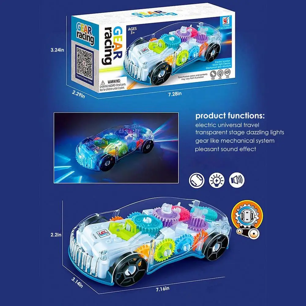 Uto Auto Giocattolo A Ingranaggi Con Luci LED E Musica, Trasparente, Per Bambini 2-8 Anni - 2