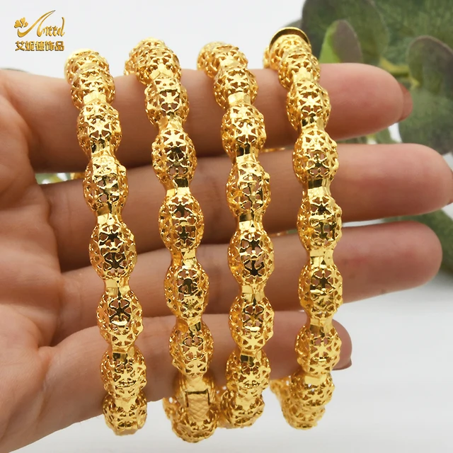 ANIID 4Pcs /Set 24K Dubai Gold Plated Bangle Bracelet For Women Ethiopian Arabic African Dubai Indian Wedding Bride Jewelry Gift B-46-4pcs