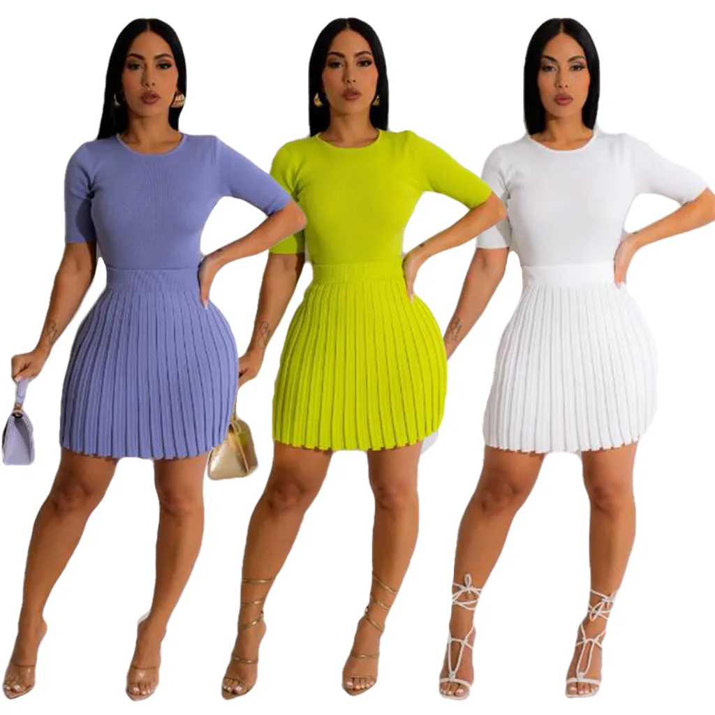

2023 Women Knit Ribbed Pleated High Waist Skirts Set and Short Sleeve T-Shirt Matching Two 2 Piece Set Dress Outfits