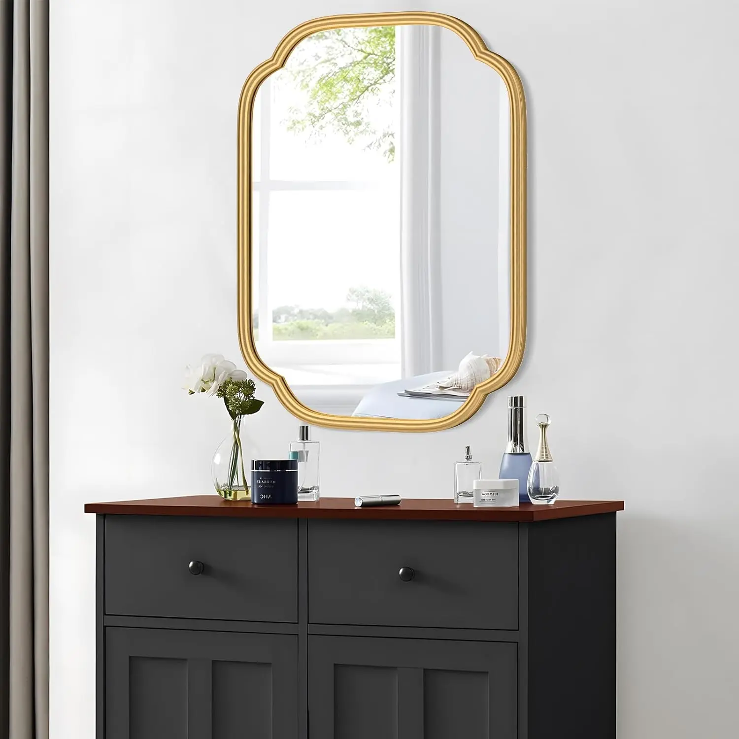 Gold Bathroom Mirror. 18"x24". Rectangular. Metal Frame. Farmhouse Style. Rounded Corners. Horizontal/Vertical.