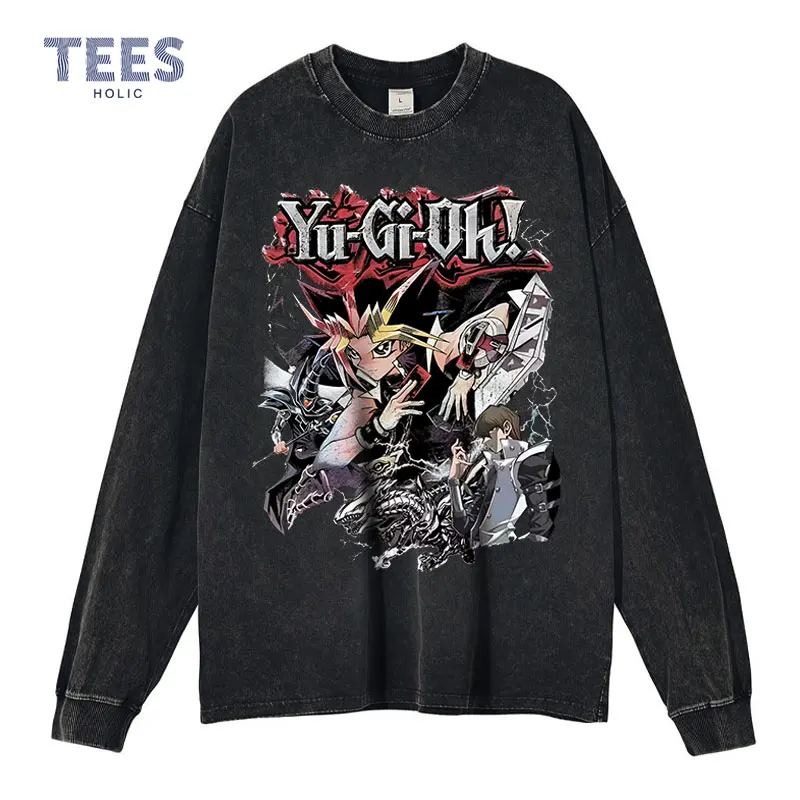 

Yu Gi Oh Long Sleeve T-shirt Vintage Washed Blue Eyes White Dragon Yugioh Sweatshirts Sweater Oversized Harajuku Tops Tees Men