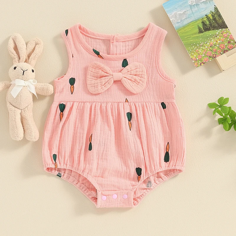 

Baby Girls Rompers Cherry/Carrot Print Bowknot Round Neck Sleeveless Infant Bodysuits Summer Clothes