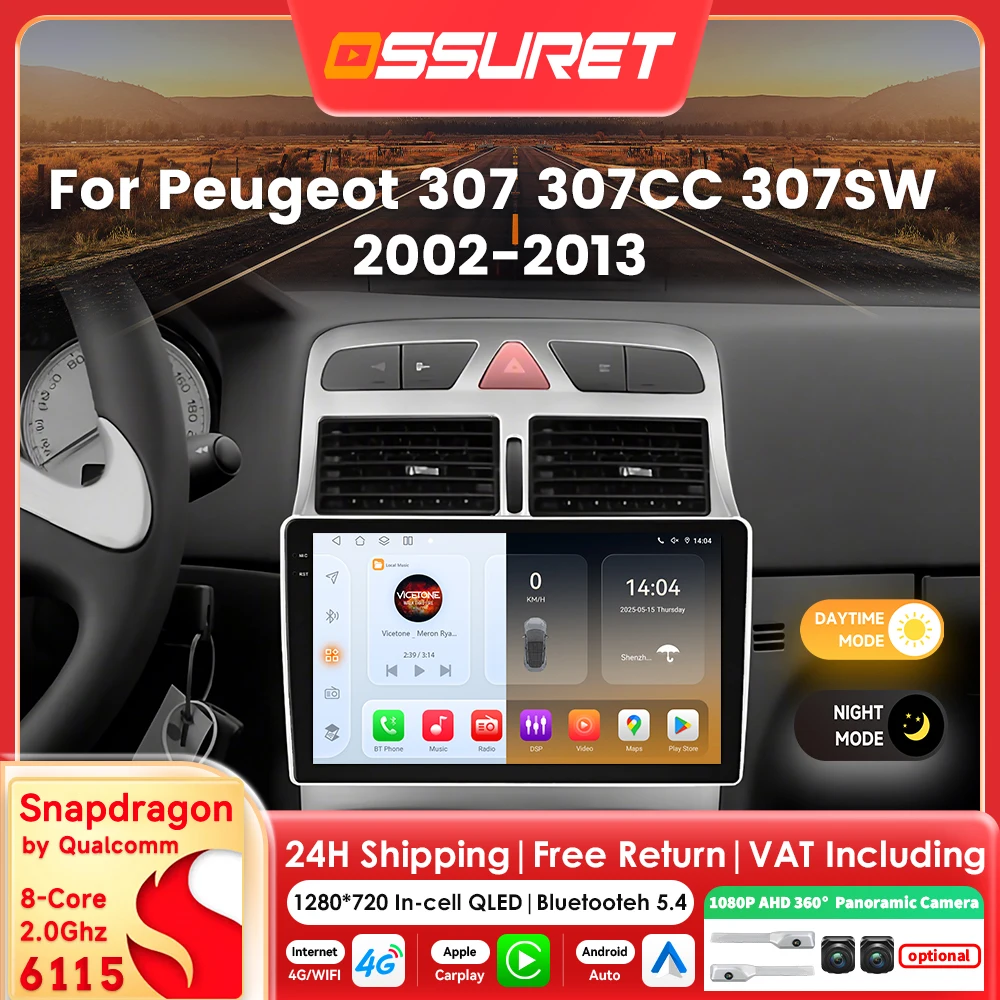 4g Carplay Android Auto Autoradio Stereo für Peugeot 2002 307cc 307sw 2009-2013 Multimedia-Player GPS Navi Audio 2din Qled-Bildschirm