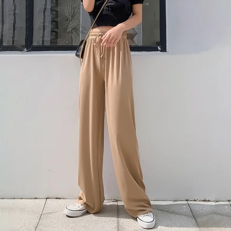 Women Pants 2023 New Spring Summer Ice Silk Wide Leg Pants High Waist Casual Female Slim Loose Straight Black Trousers Korean