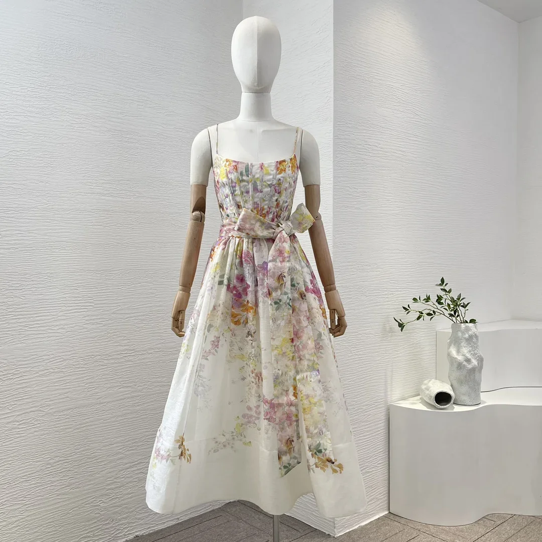 

2024 New Linen Silk Shirred White Floral Print Sleeveless Self Bow Tie Waist Tube Midi Dress for Women