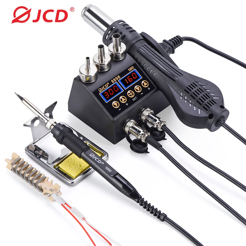 

JCD 2 In 1 750W Hot Air Gun LCD Digital Display Welding Soldering Rework Station for Cell-phone BGA SMD PCB IC Solder Iron 8898