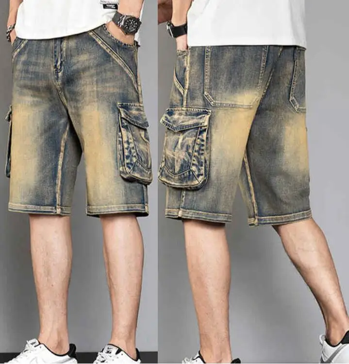 Men Loose Baggy Jeans Shorts Long 3/4 Capri Cargo Shorts Pocket Bermuda Male Multi-Pocket Denim