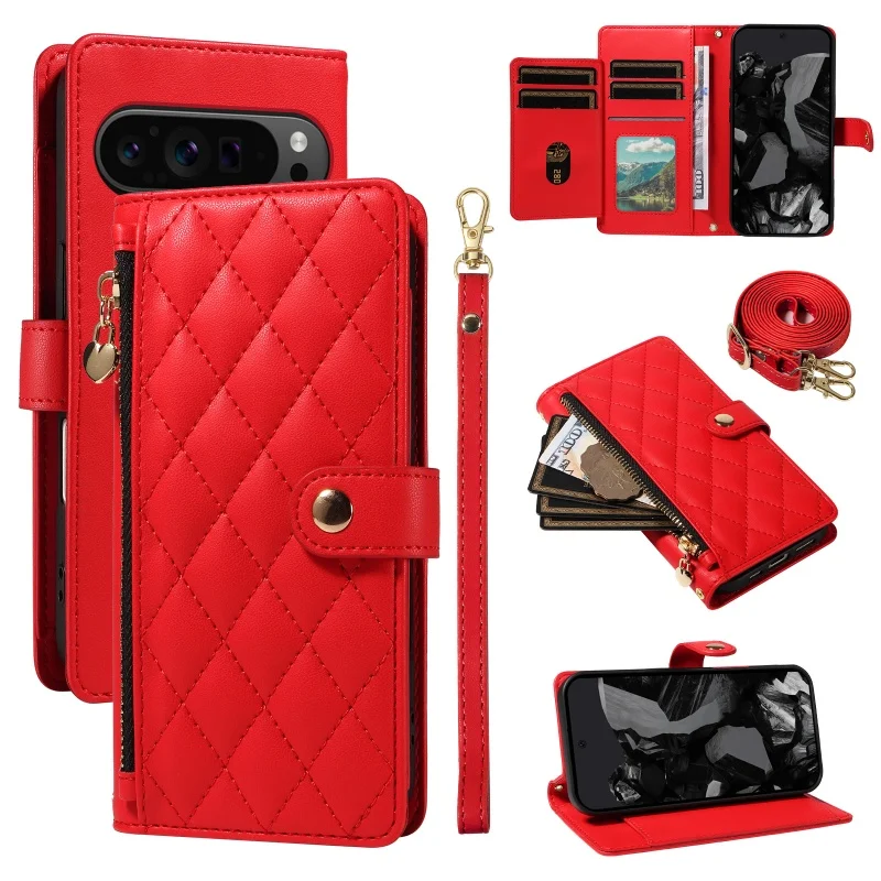 Elegant Leather Zipper Flip Phone Case with Long Lanyard and Wrist Strap Wallet