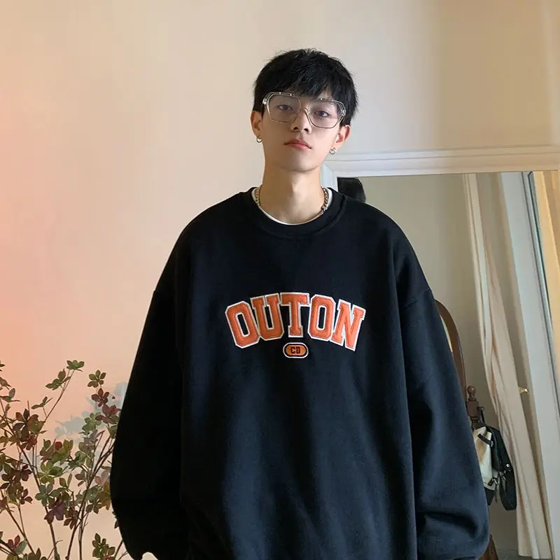 

Fashion korean style personalized printed men round neck hoodie autumn winter American loose y2k couple long sleeved warm hoodie