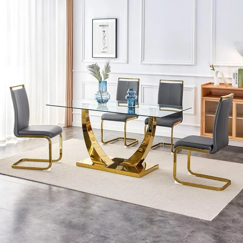Dining Chair Living Room Table and Chairs Tempered Glass Dinings 5 Piece Dining Table with 4 Pcs Leather Dinings Chairs Living Room Set