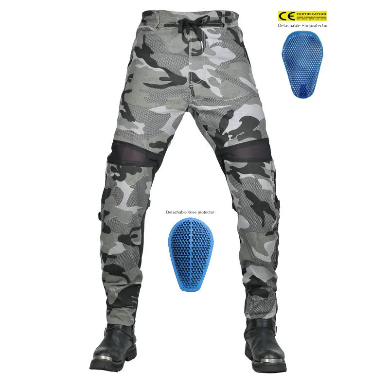 여름용 통풍 오토바이 라이딩 팬츠 메쉬 통기성 오토바이 바지 위장 무늬 낙상 방지 팬츠 실리콘 보호대 포함