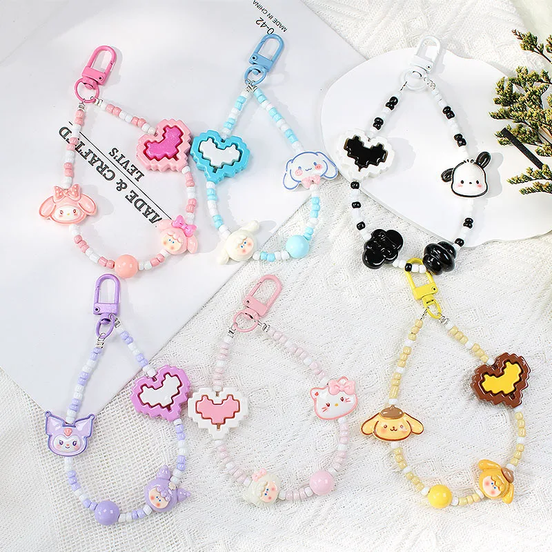 

Kawaii Sarnio Hellokitty Key Chain Cute Cartoon Kuromi My Melody Cinnamoroll Pochacco String of Beads Pendant Keyring Girls Gift