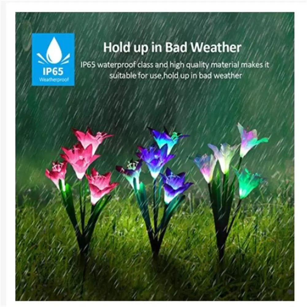 Outdoor Solar Gate Lights With 4 Lily Flowers Ip65 Waterproof Adjustable For Garden Pathway Patio Landscape Decor Backlight Lamp